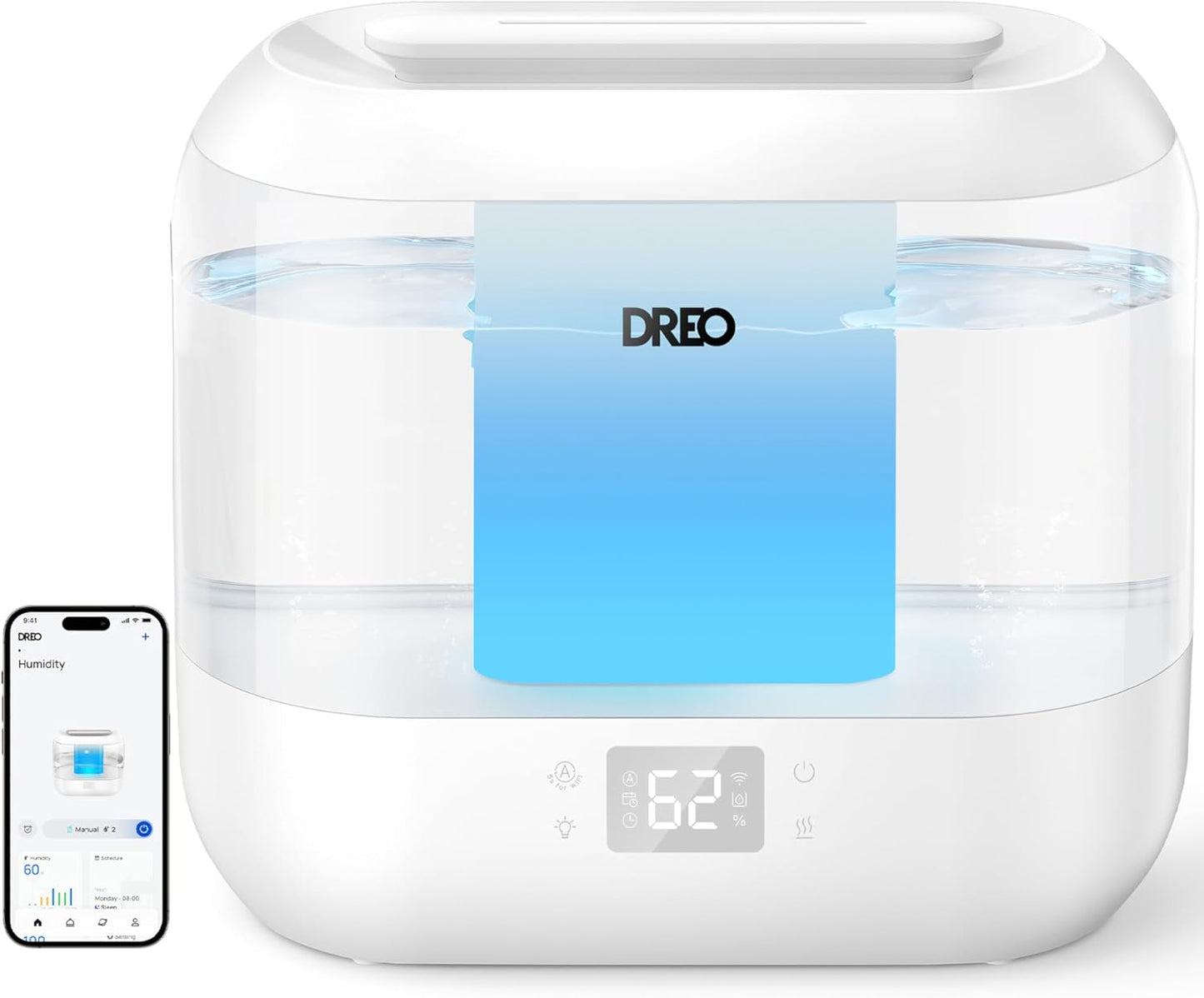 Dreo Smart Humidifier, Cool Mist Humidifiers for Bedroom, Quiet 4L Top Fill Ultrasonic Humidifiers for Home Office Plant & Baby with Nightlight, LED Display, 36H Runtime, APP/Voice Control, HM311S