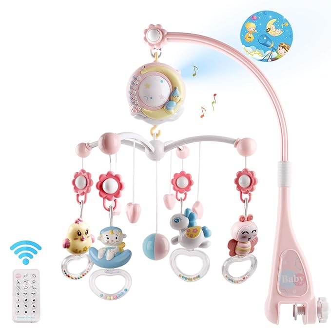 Baby Musical Crib Mobile with Timing Function Projector and Lights,Hanging Rotating Rattles and Remote Control Music Box with 150 Melodies,Crib Toy for Newborn 0-24 Months