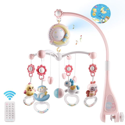 Baby Musical Crib Mobile with Timing Function Projector and Lights,Hanging Rotating Rattles and Remote Control Music Box with 150 Melodies,Crib Toy for Newborn 0-24 Months