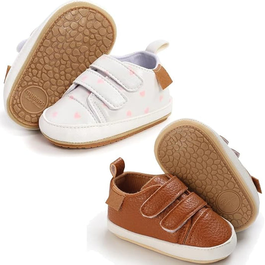 2Pairs Baby Shoes,Boys Girls Non-Slip Rubber Sole Sneakers,Unisex Infant Soft Lightweight First Walking Crib Shoes