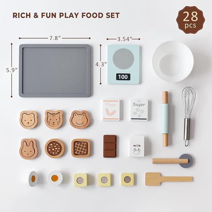 PairPear Wooden Cookie & Baking Play Food Set, Kids 28 Pieces Sliceable Cookies, Hand Mixer Toy Kitchen Accessories Playset, Montessori Pretend Kitchen Gift for Kids Ages 3+