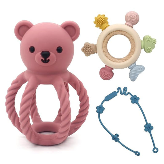 3Pcs Baby Silicone Teether Toy Set - Food-Grade Silicone Teething Relief Toys,Wooden Ring Teether Cute Bear Toy and Toy Straps for Babies 3-12 Months(Pink)