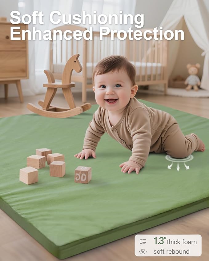Baby Play Mat for Floor,1.2" Thick Padded Foam 50x50 playpen mat,Soft Velvet&Non-Slip Leather,Removable Cover,Washable,Nursery Rug for Baby Crawling,Toddlers,Infants,Kids,Yoga,Tatami,Sage Green
