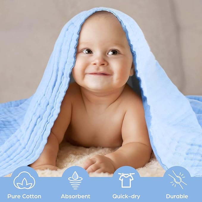 MUKIN Baby Bath Towels, Super Soft Cotton Receiving Blanket for Baby's Delicate Skin,2Pack Swaddle Blanket for Newborns Toddlers Boy Girl,Baby Registry as Shower (White+Blue)