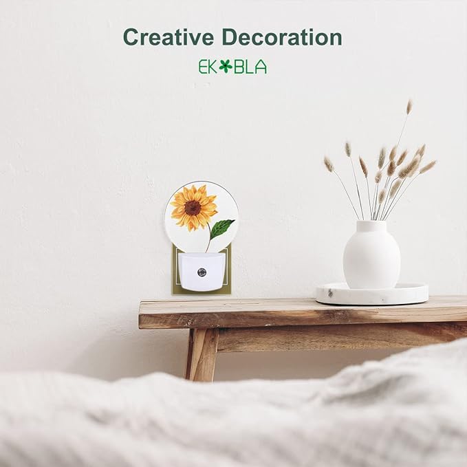 EKOBLA Spring Sunflower Night Lights Plug into Wall Happy Sunflower Green Leaf Night Light Bedroom Decor for Boys Girls Grandma Grandpa Dusk to Dawn Sensor LED Lamp Home Wall Decor