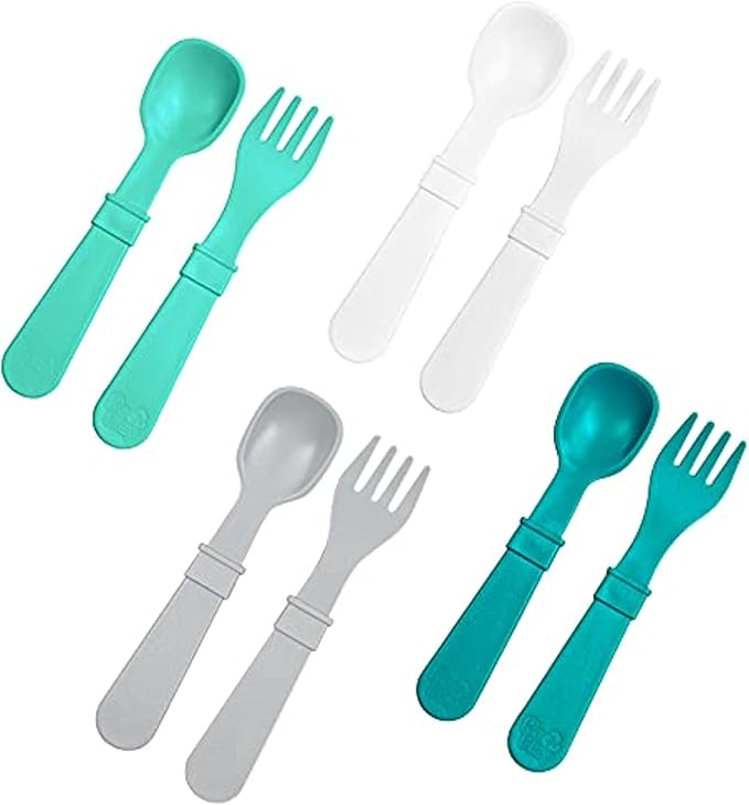 Re-Play Toddler Forks and Spoons Set - 4x4 Utensils Set for Kids - Dishwasher and Microwave Safe - Made in USA - Pack of 8-5.8" x 1.2" x 0.2" - Modern Mint
