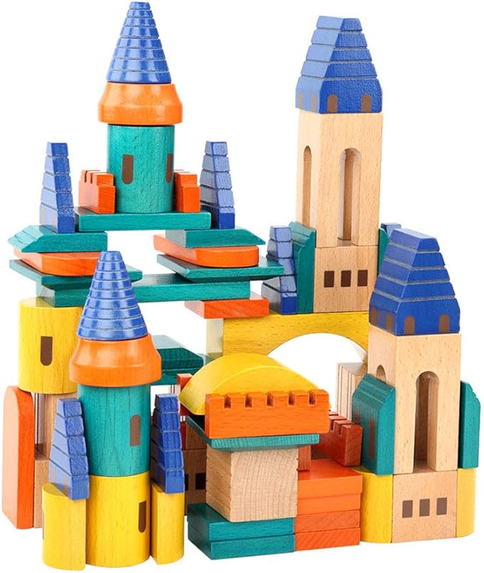 Wooden Castle Building Blocks Set, Big Solid Beech Wood Toddlers Stacking Block Toy, Kids Construction Playset for Boys Girls 69 Pieces Set