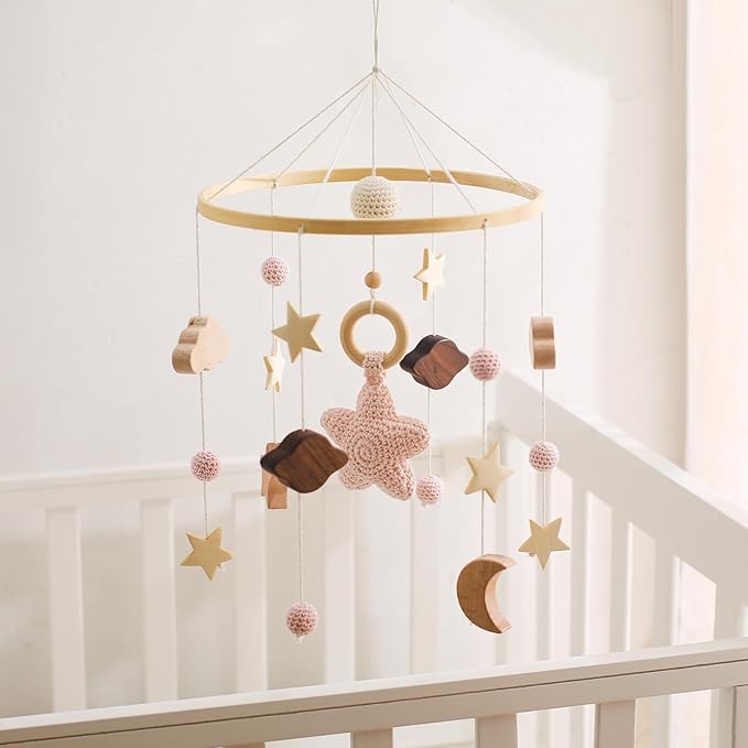 let's make Baby Crib Mobile for Boys Girls| Boho Nursery Mobile| Gender Neutral Hand-Crocheted Mobile| Ceiling Mobile - Stars, Clouds, Moon (Pink)