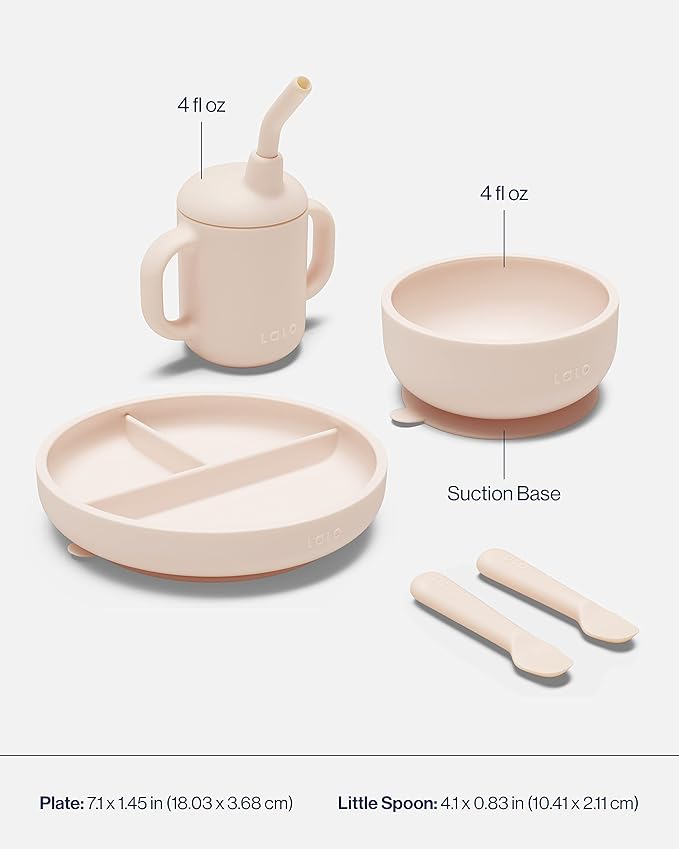 Lalo First Bites Silicone Baby Feeding Set - Baby Led Weaning Supplies - Non-Toxic Silicone - Includes 1 Bib, 2 Spoons, Training Cup, Suction Plate and Bowl - 6 Pieces - Grapefruit