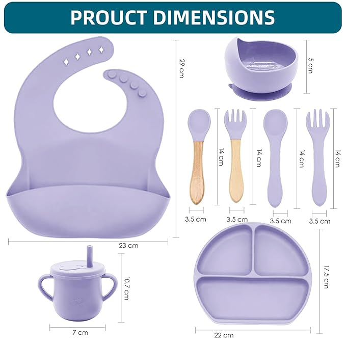 100% Silicone Baby Feeding Set,BPA Free Baby Dishes Set with Suction Bowl Divided Plate,Toddler Self Feeding Dish Set with Spoons Forks Sippy Cup and Bib, Baby Eating Utensils(Purple)
