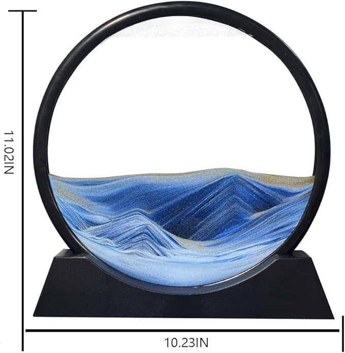 Aoderun Moving Sand Art Picture Round Glass 3D Deep Sea Sandscape in Motion Display Flowing Sand Frame Relaxing Desktop Home Office Work Decor (12", Blue)