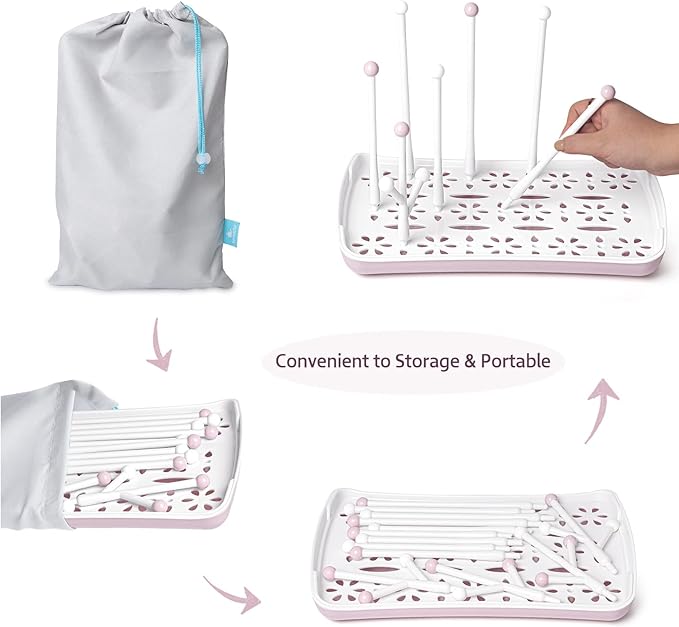 Termichy Baby Bottle Drying Rack, Large Capacity Baby Bottle Rack for Bottles, Dry Rack with Removable Water Tray(Pink)