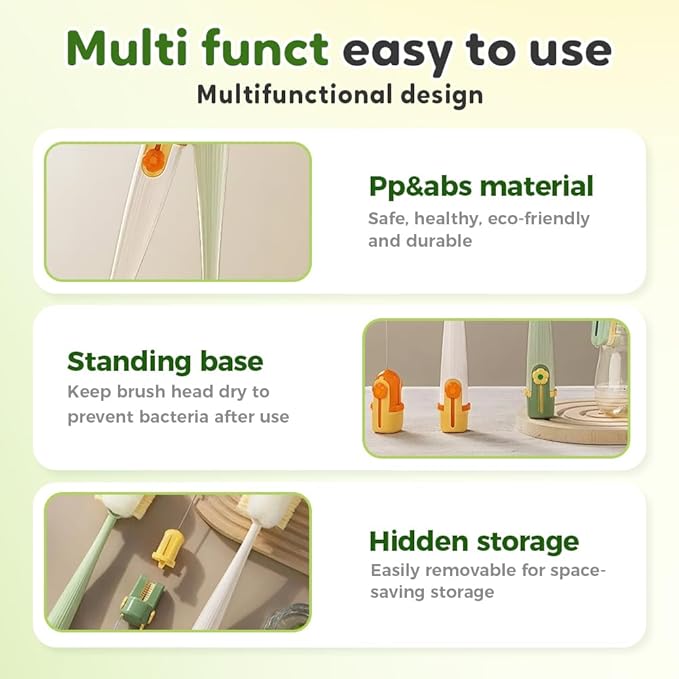 5 in 1 Bottle Cleaning Brush, Multifunctional Water Bottles Cleaner Brushs Portable Bottle and Lid Cleaning Brush Tool, Straw Cleaner Brushs for Baby Bottles Tumblers Glass Cups (1, Green)