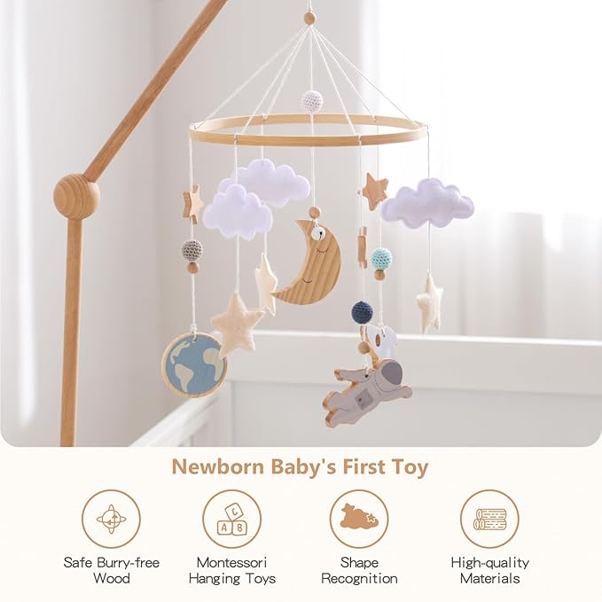 JETMHH Baby Crib Mobile | Space Theme Nursery Mobile | Wooden Mobile for Crib | Astronaut Space Theme Nursery Bed Decoration | Gift for Newborn Nursery Decor