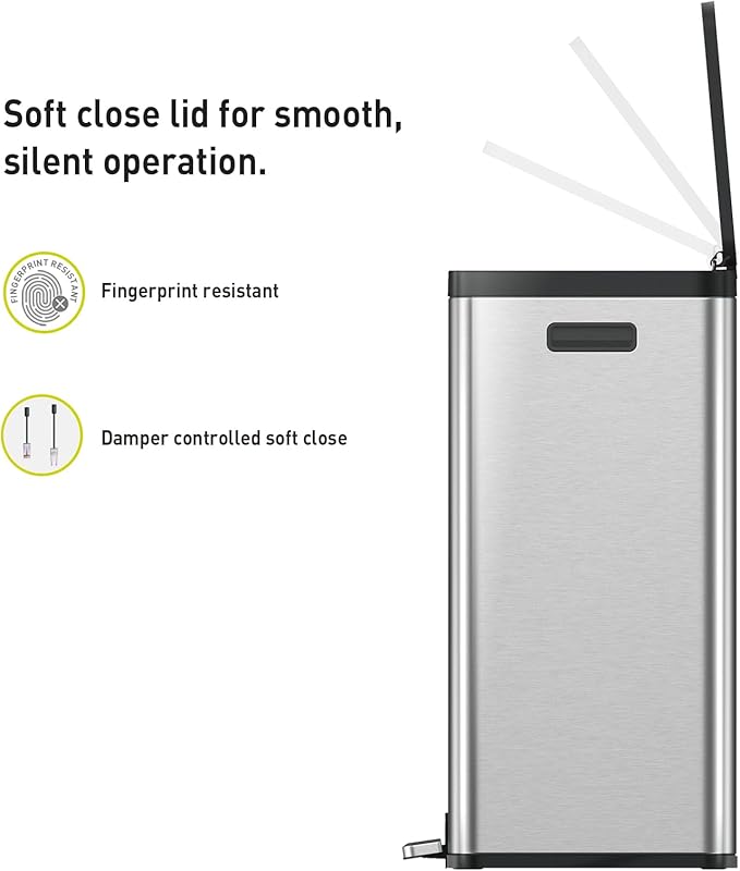 EKO Essential 8+8 Gallon Dual Trash Can, Kitchen Step Recycle Trash Can with Dual Removable Bucket, Independent Lids and Pedals, Brushed Stainless Steel