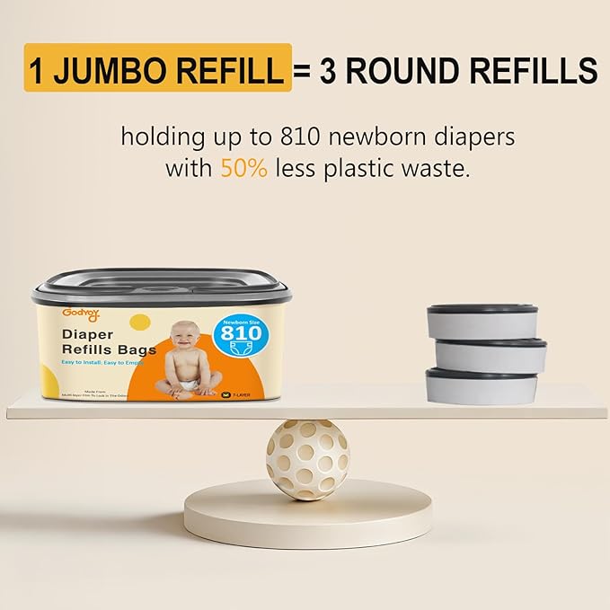 Jumbo Square Refill Compatible with Diaper Genie Classic,Compact and Select Pails,Odor Control & Durable,Holds Up to 810 Newborn Diapers,Plant Scented Disposal Bag Refills with Continuous Film（3 pack）
