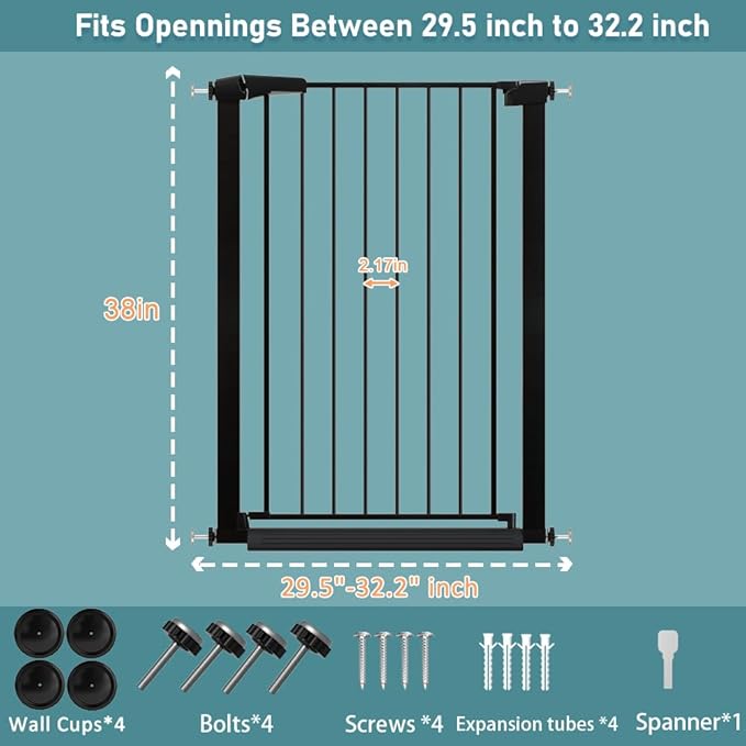 Fairy Baby 38" Extra Tall Baby Gate No Drill, 29.5"-32.2" Extra Wide Wide Dog Gate Indoor, Metal Pressure Mounted Safety Child Kid Gate, Auto Close Pet Puppy Cat Proof Gate for Stairs Doorway, Black