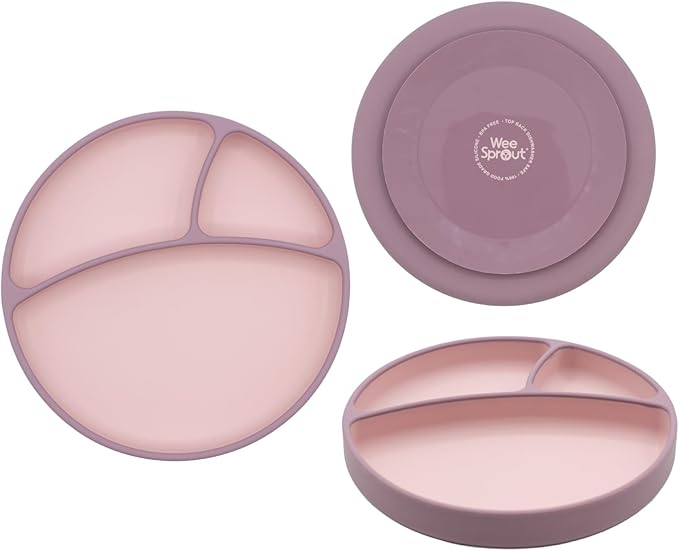 WeeSprout Silicone Suction Plate - Two-Tone Baby Plate with Suction Cup - Sectioned Divided Dish for Kids, Infants, Toddlers - Food-Grade Silicone Dinnerware (Matte Pink/Matte Purple)