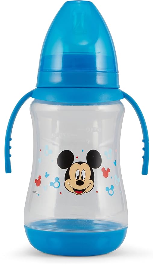 Disney 2 Pack 10 Ounce Baby Bottles with Character Prints and Colored Covers with Double Handle - BPA Free and Easy to Clean