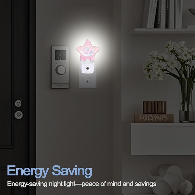 Rainbow Unicorn Dusk to Dawn Star Night Light,Cute Pink Sky Smart Sensor Nightlight for Bedroom Kitchen Hallway Stairs,Plug-in Energy Efficient Decor Desk Lamp Women Men Gifts