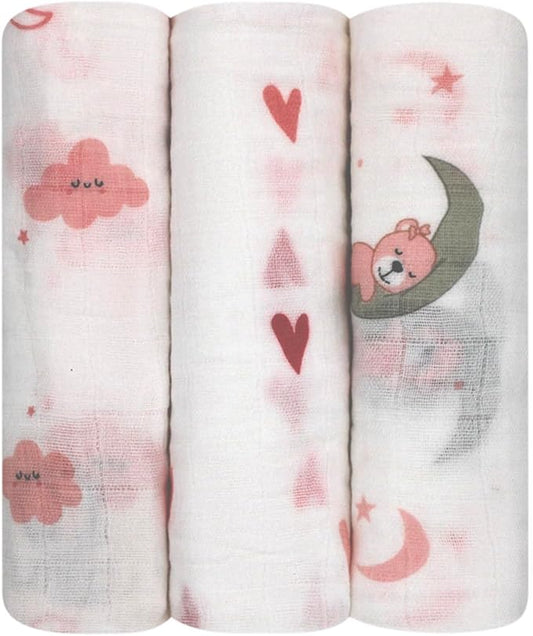 100% Muslin Cotton Baby Receiving Cloths, 3-Pack, 27x27 in (70x70cm), Soft & Gentle for Newborns, Sensitive Skin Safe, For Feeding, Burping & Comfort, 0+ Months (Hearts/Teddy Bear/Clouds)