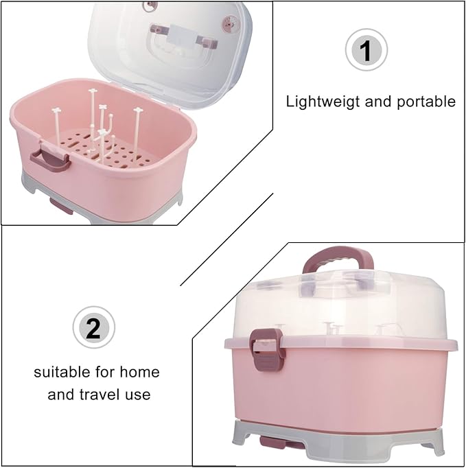 NUOBESTY Portable Baby Bottle Storage Organizer with Cover, Pink Milk Bottle Drying Rack Box for Home and Travel Use, 13.77 X 9.84 X 9.84 Inches