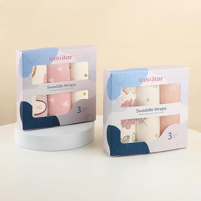 insular Baby Swaddle Wrap, Swaddle Blanket for Newborn and Infant, Adjustable Velcro Swaddling Set for Boy and Girl, Soft Cotton Baby Sleep Sack 3 Pack, Pink Swan, Small(0-3M)