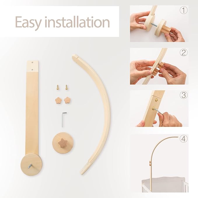 Wooden Crib Mobile Arm | Baby Crib Mobile Arm Wooden Holder | Rotatable Adjustable Anti Slip Attachment Clamp for Sturdy Mobile Hanger (Curved Arm)