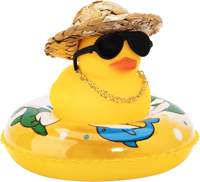 wonuu Car Rubber Duck, Yellow Duck Decoration Dashboard with Sun Hat Swim Ring Necklace Sunglasses for Car Dashboard Decorations