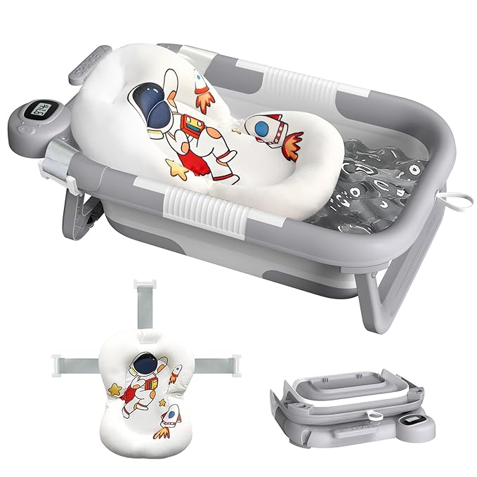 Collapsible Baby Bathtub for Newborn to Toddler (0-24 Months), Portable Baby Bath Tub for Travel, Newborn Bathtub with Soft and Supportive Cushion (Astronaut-Gray)