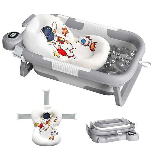 Collapsible Baby Bathtub for Newborn to Toddler (0-24 Months), Portable Baby Bath Tub for Travel, Newborn Bathtub with Soft and Supportive Cushion (Astronaut-Gray)