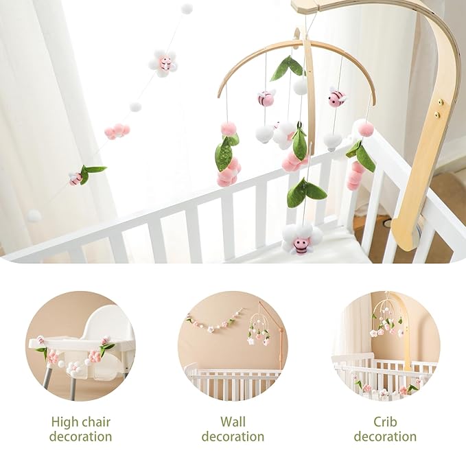 Baby Mobile for Crib, Crib Nursery Mobile for Boys Girls, Boho Bee Flower Nursery Decor Soothe Toy Baby Shower Set for Infant Bedroom Hanging Decoration Toy, Pink