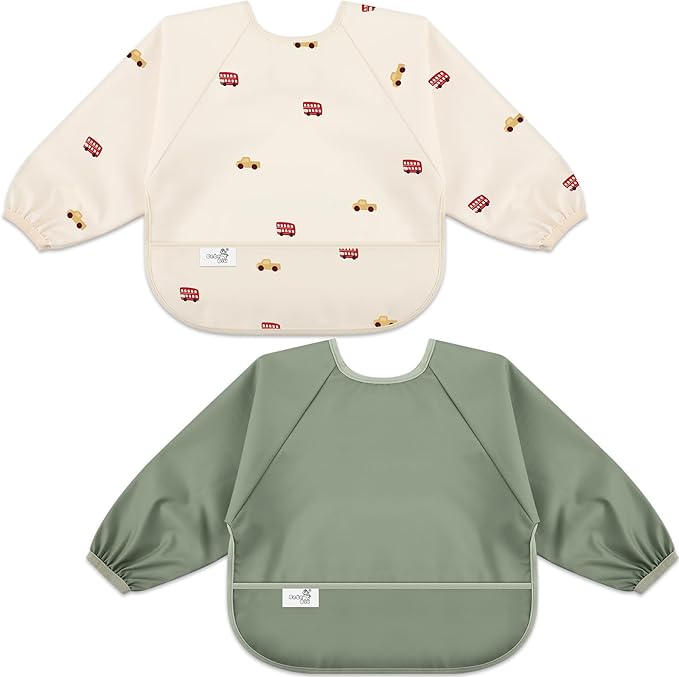 Long Sleeve Baby Bib, Waterproof Fabric, Catch-All Pocket, Baby Smock Bib, Adjustable Sleeves