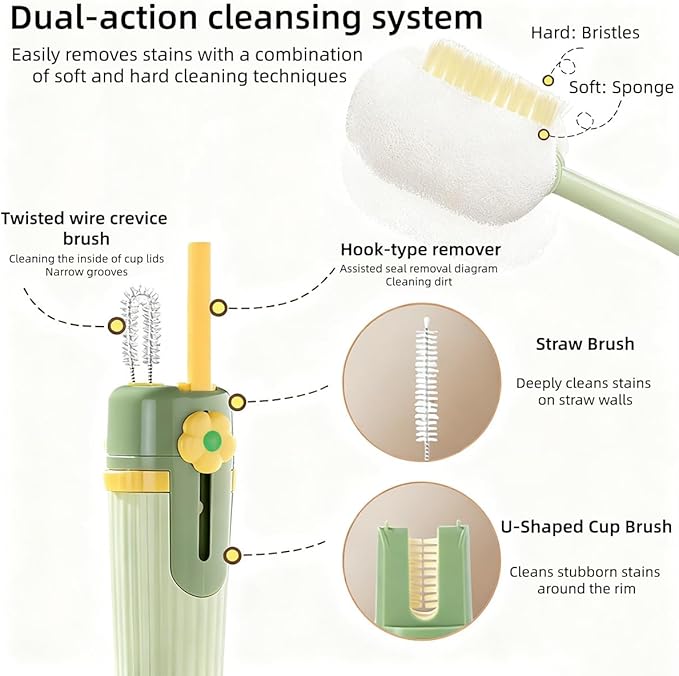 5 in 1 Bottle Cleaning Brush Set, Multifunctional Bottle Cleaning Brush Set, Water Bottle Cleaner Brush, Straw Cleaner Brush for Baby Bottles, 3 Replacement Sponge Brush Heads (White)