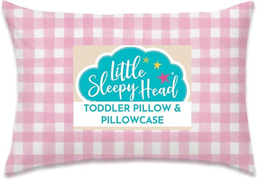 Little Sleepy Head Toddler Pillow with Pillowcase 13x18 - Kids Pillow for Sleeping - Better Neck Support Ergonomic Pillow and Toddler Pillowcase - Best Pillows for Kids (Gingham Pink)