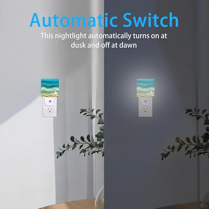 Night Lights Plug into Wall Modern Waves Starfish Sandy Beach Night Lights Dusk to Dawn Sensor Led Lamp for Women Men,Led Lights for Stairway/Hallway/Bedroom,0.5W