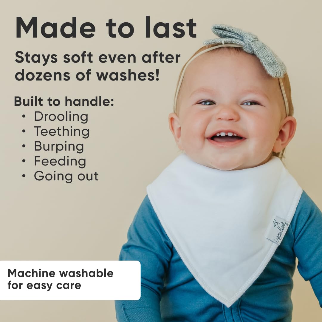Copper Pearl 4 Pack Soft Cotton Baby Bibs for Drooling and Teething, Absorbent Drool Bibs for Baby Girl and Boy, Adjustable to Fit Newborns to Toddlers (White Basics)