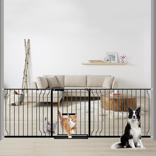 Extra Wide Dog Gates for Doorways 81.1"-90.55" Extra Wide Dog Gate with Door,Baby Gate with Cat Door Pressure Mounted Pet Gate