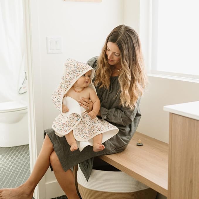 Little Unicorn Premium Infant Hooded Bath Towel| Soft & Absorbent Cotton & Terry Fabric for Newborns (Pressed Petals)