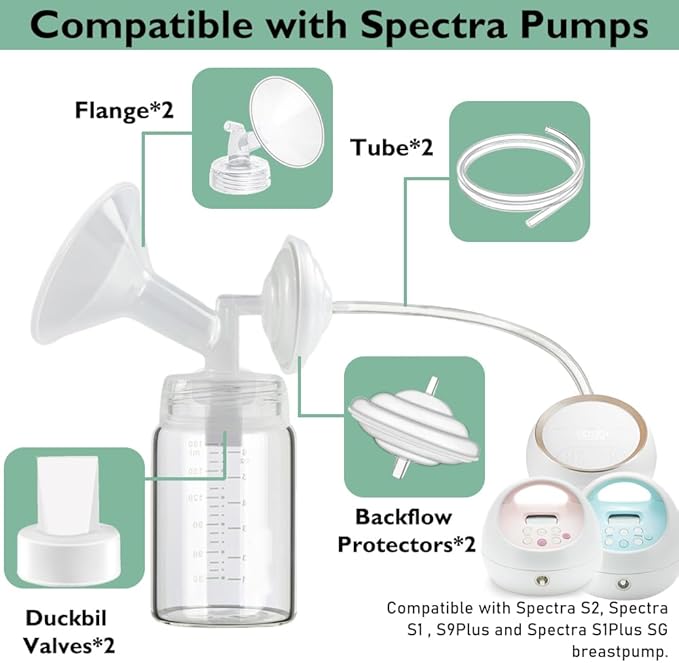15mm Flange Pump Parts Compatible Spectra S1 S2 9 Breast Pumps Replacement,Full Set Replacements Include Flange Backflow Protector Membrane Duckbill Valve Tube,Not Original Accessories