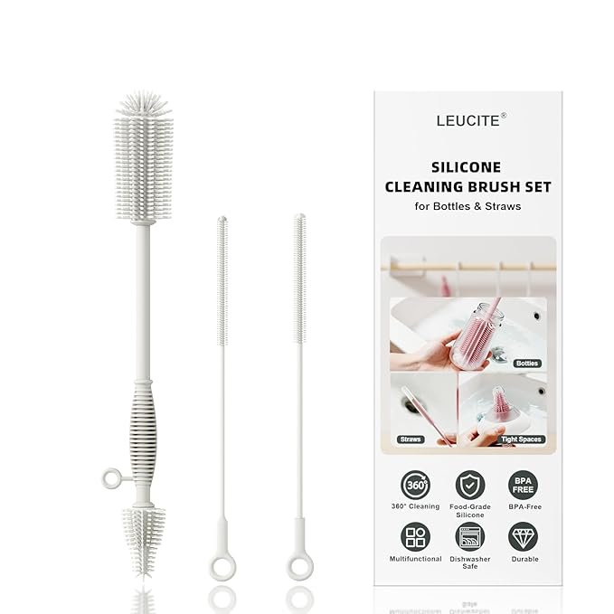Silicone Cleaning Brush Kit,Water Bottle and Straw Cleaner Brush Set for Tumbler,Baby Bottle,Breast Pump Part,Nipple,Sippy Cup,Glass,Dishwasher Safe,BPA Free,3 Pcs