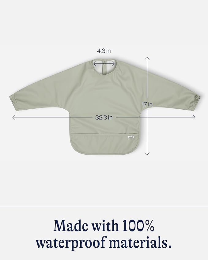 Lalo Long Sleeve Baby Bib, Waterproof, Elastic Cuffs, Large Catch-All Pocket, Recycled Polyester, Ages 6-24 Mo., Sage