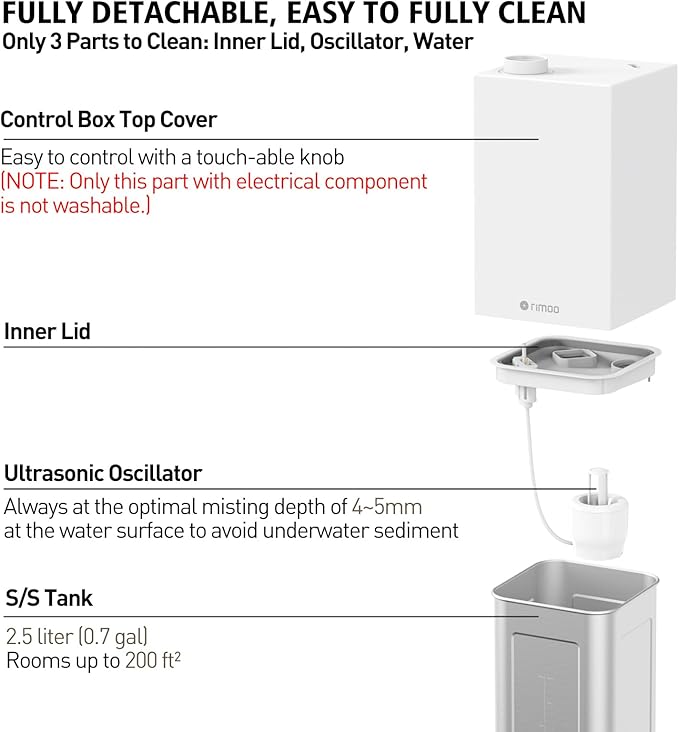 Stainless Steel Humidifier, Cool Mist Humidifiers with Only 3 Parts Easy to Clean, Top Fill Humidifier with 1-9H Timer, 30dB Whisper-Quiet, Filterless for Bedroom Large Baby Room Office