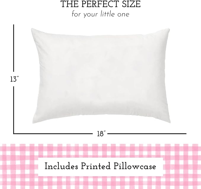 Little Sleepy Head Toddler Pillow with Pillowcase 13x18 - Kids Pillow for Sleeping - Better Neck Support Ergonomic Pillow and Toddler Pillowcase - Best Pillows for Kids (Gingham Pink)