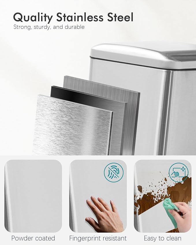 Bathroom Trash Can with Lid, 6 Liter / 1.6 Gallon Small Trash Can with Removable Liner Bucket, Soft Close lid & Step Pedal, Silver Stainless Steel Garbage Can for Bedroom, Office, Dorm