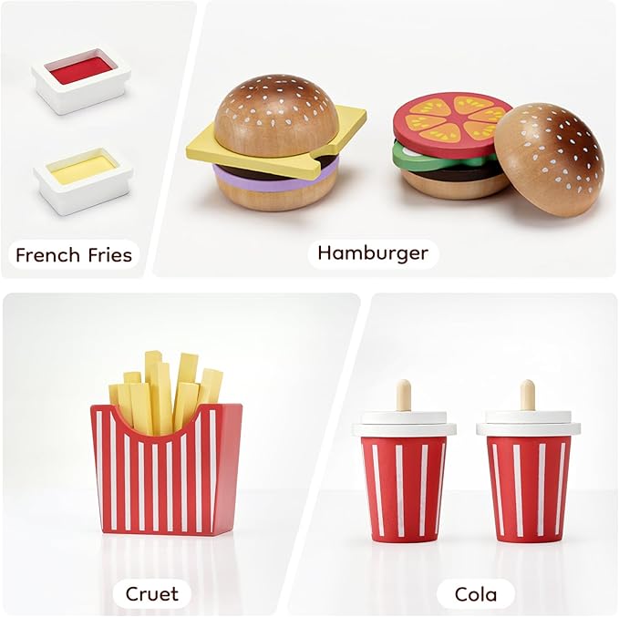 Wooden Play Food Toy for Kids Pretend Play Kitchen Accessories for Toddlers Wooden Play Fast Food Hamburger Set Educational Toys Gift for Boys Girls