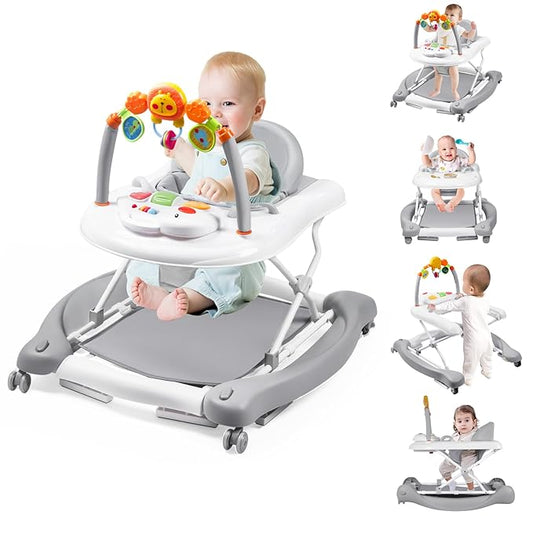 Baby Walker, 5-in-1 Baby Walkers for Boys and Girls 6-12 Months with Bouncer, Removable Footrest, Feeding Tray & Music, Foldable & Adjustable Activity Walker for 6-18 Months Toddler Infant