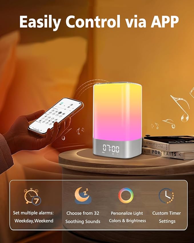Sound Machine White Noise Machine with 32 Soothing Sounds, Bluetooth Speaker, Alarm Clocks for Bedrooms with Wake up Light, Night Light for Kids, App Control Birthday Gifts for Women, Teen Girls, Boys