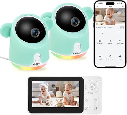 Baby Monitor with Camera and Audio, Split-Screen 1080P 2 Baby Cameras Lullabies WiFi Smartphone App Control Night Vision 4.3” Screen 2-Way Talk Temp&Humidity Sensor Motion & Cry Detection iOS/Android