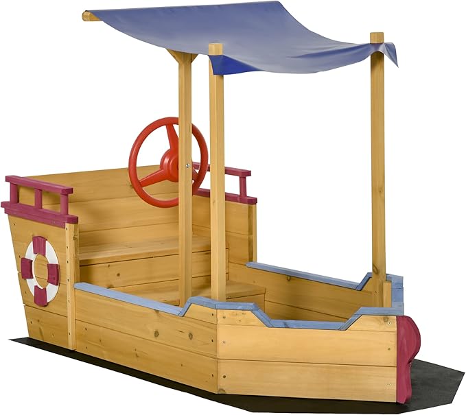 Outsunny Pirate Ship Sandbox with Cover and Rudder, Wooden Sandbox with Storage Bench and Seat, Outdoor Toy for Kids Ages 3-8 Years Old